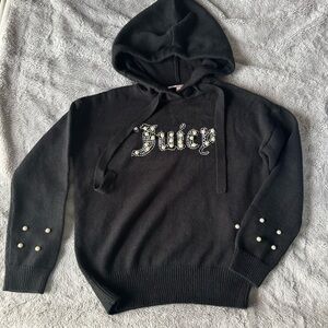 Juicy Couture Black Beaded Logo Hoodie Pearl Sleeve Glam Y2K Chic Sz S